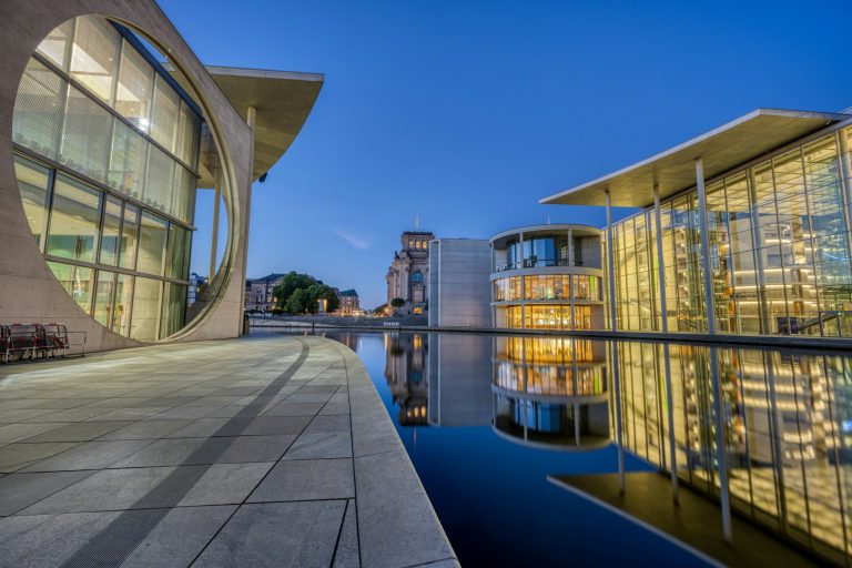 Modern buildings in Berlins government district at dawn